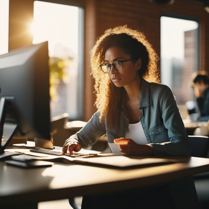 Computer illustration showing a woman with long, curly brown hair sitting at a desk. Sunlight streams through a window behind