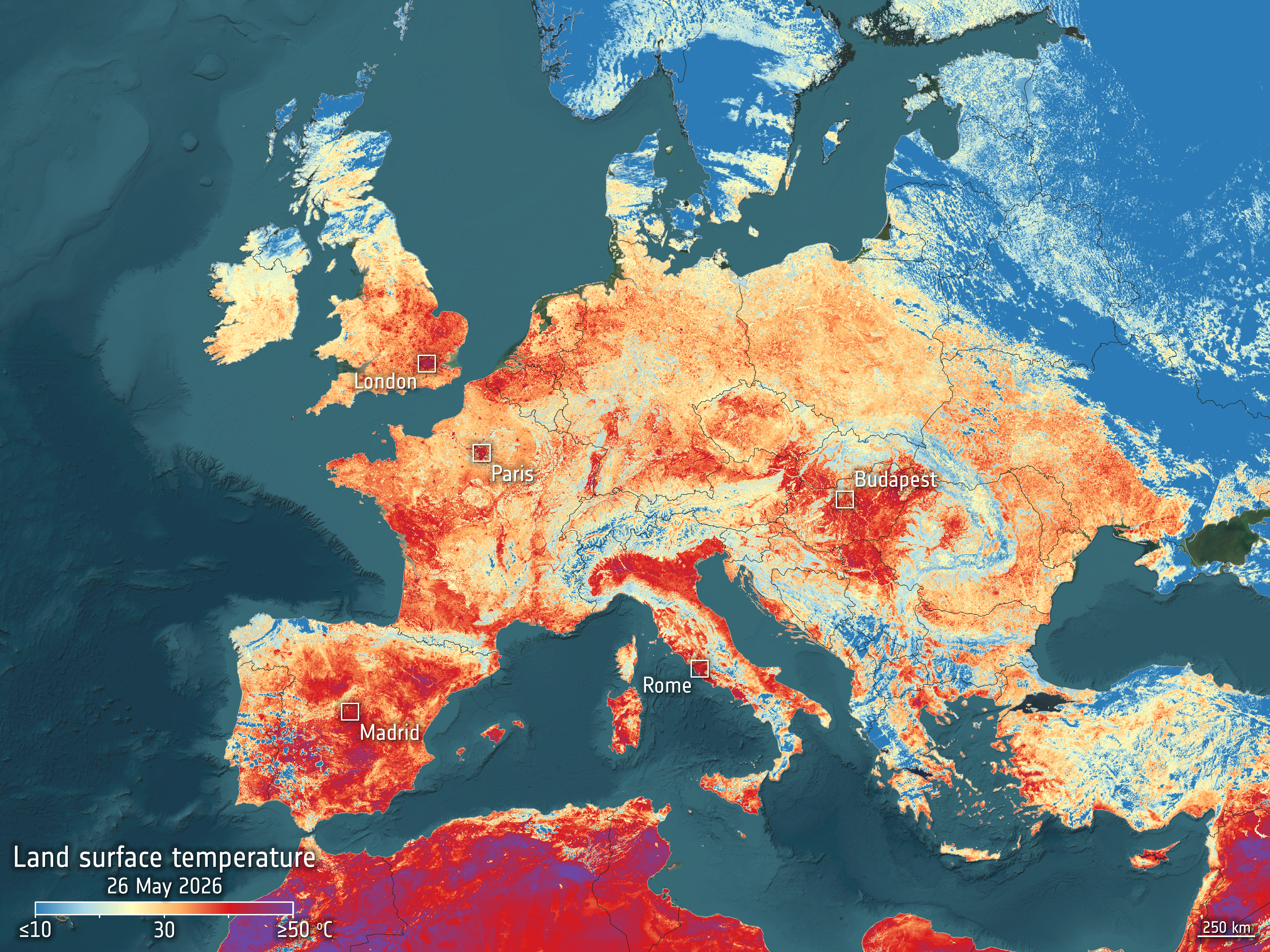 Colorized satellite image showing average daily surface temperatures across Europe